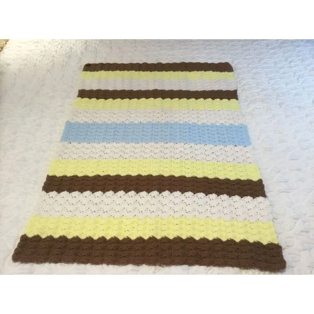 Crocheted Afghan handmade Throw Cover Brown yellow white‎ Size 40 Long 28 Wide